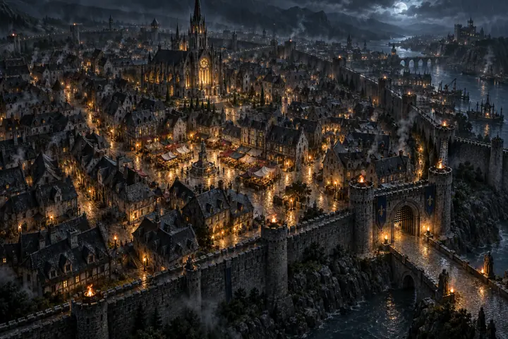 Cover art for the city boards: a walled gothic city lit at night.