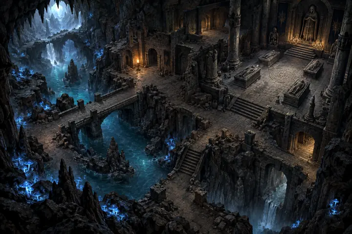 Cover art for the underground boards: a cavern hall with blue crystals and a river.