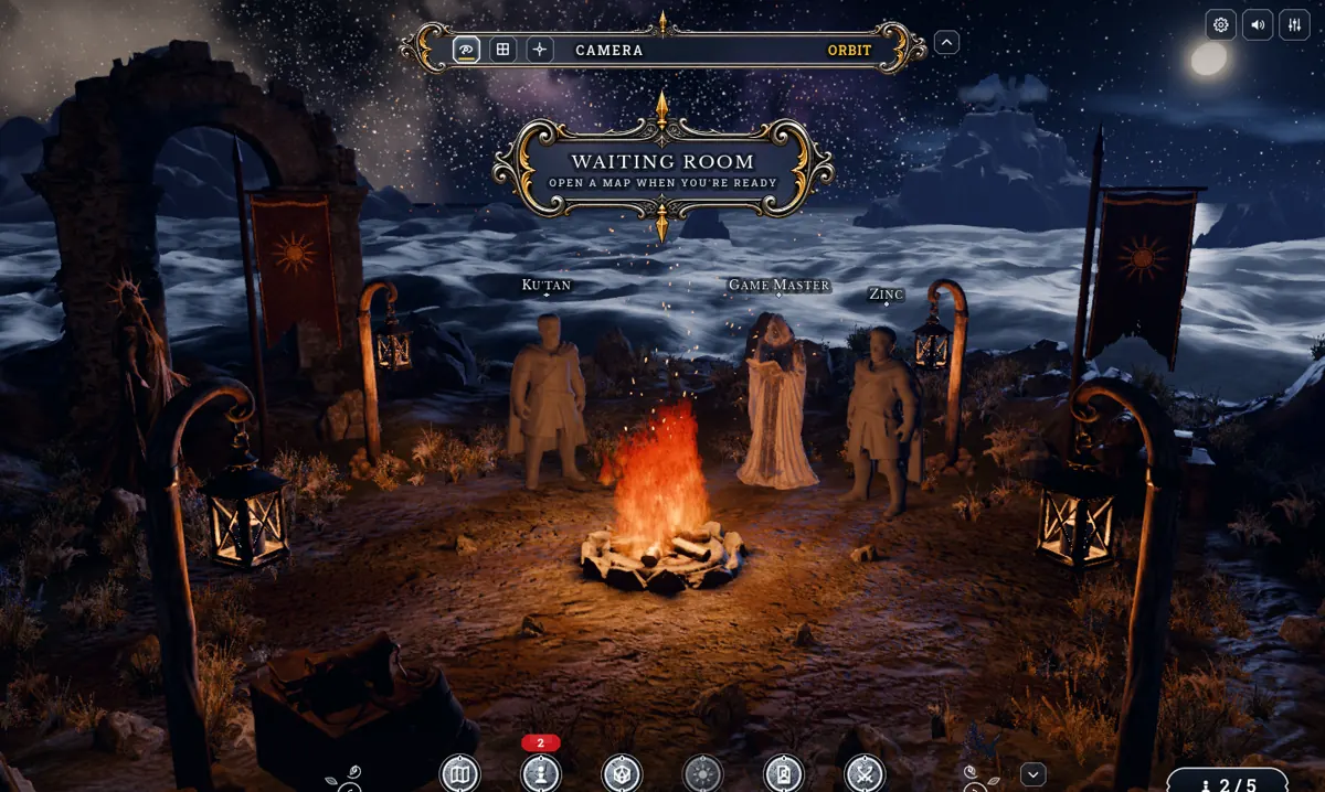 Three player minis standing around a campfire in the waiting room, with lanterns and a stone arch, above the clouds.